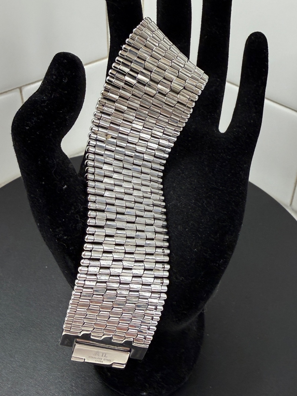 AIL Stainless Steel Brick Pattern Metal Bracelet - Classic Wide Link Design